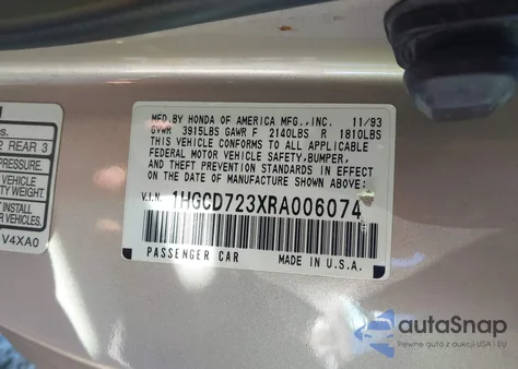 1994 Honda Accord Lx z USA, uszkodzony, nr VIN 1HGCD723XRA006074